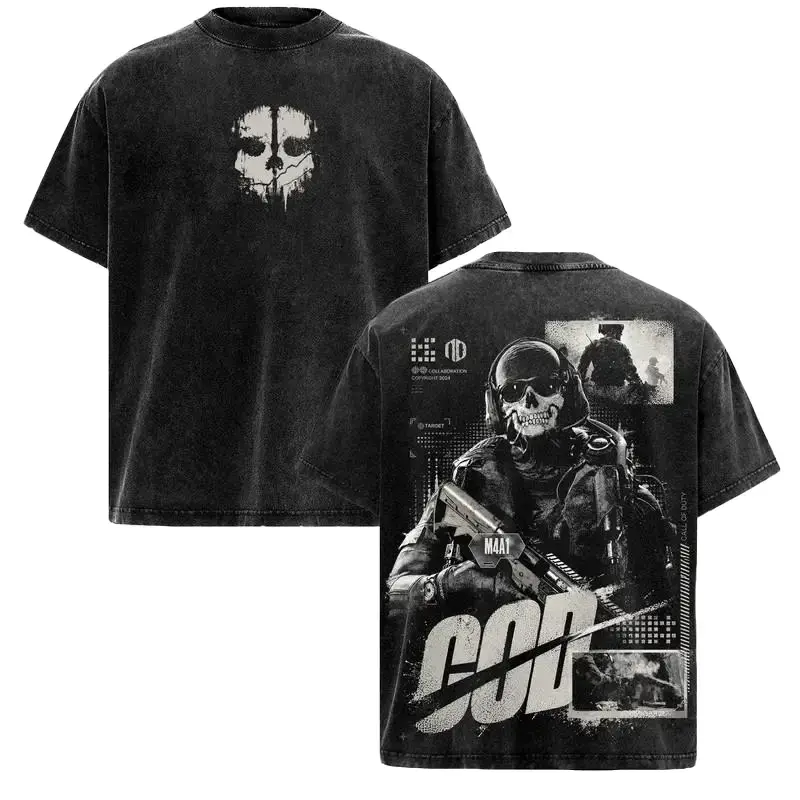 Ghost - Vintage Call Of Duty Modern Warfare 2 Washed Graphic Tee, Oversized Tactical Military Gamer Streetwear Shirt, COD Ghost FPS Gaming T-Shirt, Special Forces Combat Gift Tee For Men, Retro Warzone Aesthetic Apparel