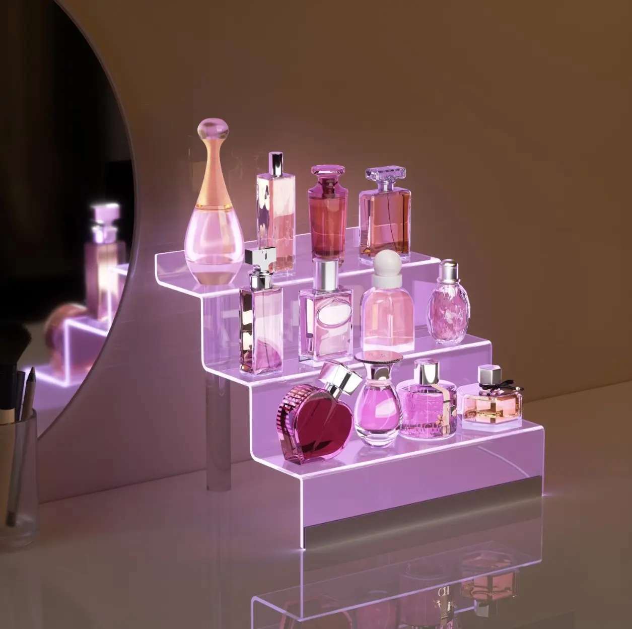 LED 3-Tier stand 12" Acrylic Display Organizer, Perfume Organizer for Women | 3-Tier Cologne Organizer for Men, Perfume Stand and Display Step Shelves Holder, Clear Riser, Figures Stand, Dessert Shelf