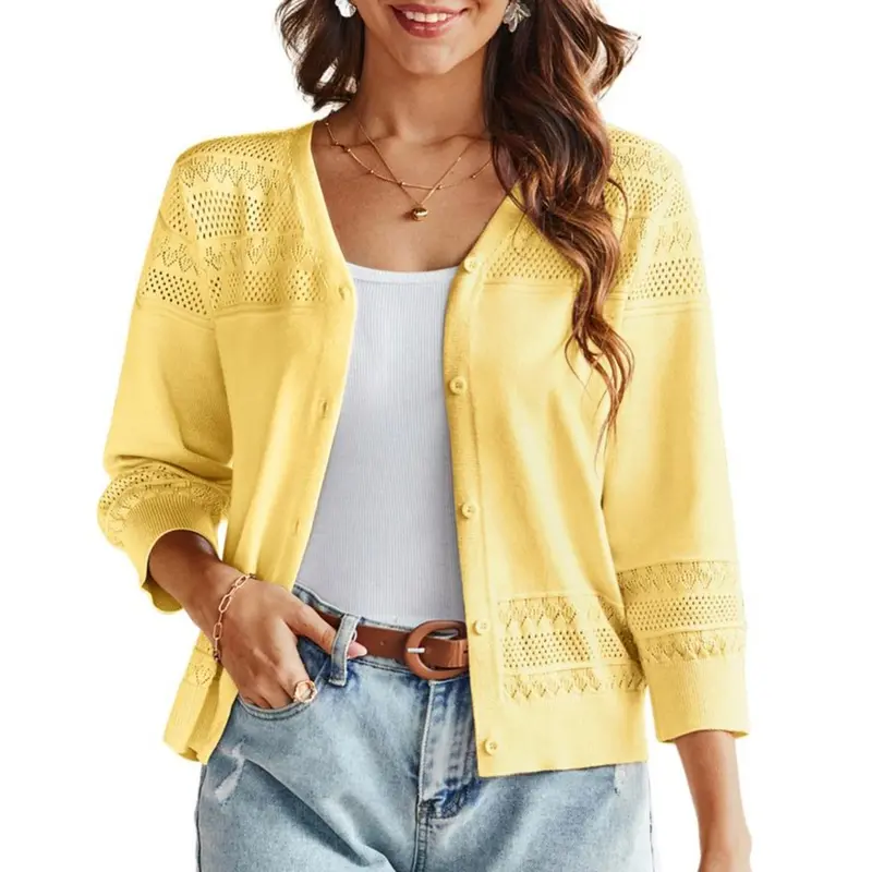 【Grace Karin】Women's 2026 V-Neck 3/4 Sleeves Lightweight Knitting Cardigan Top, Button Front Hollowed-Out Crochet Shrug, Quick On/Off Fitted Casual Knitwear for Date, Church, Back to School