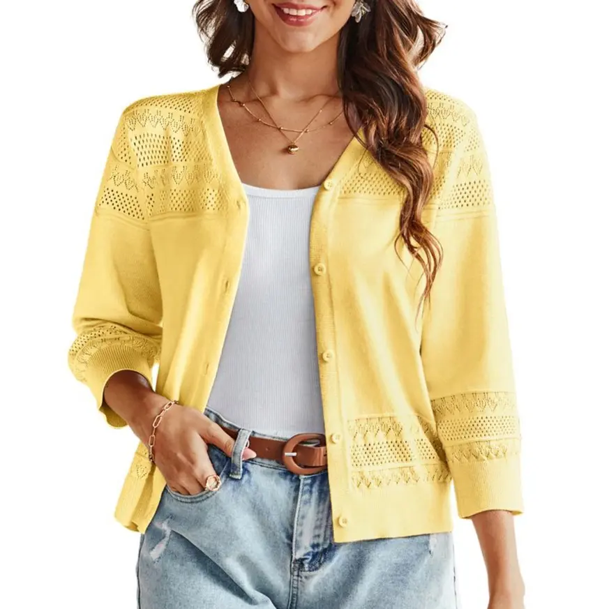 【Grace Karin】Women's 2026 Cropped Cardigan 3/4 Sleeve Lightweight Crochet Shrug Hollowed-Out Knit Sweater Tops
