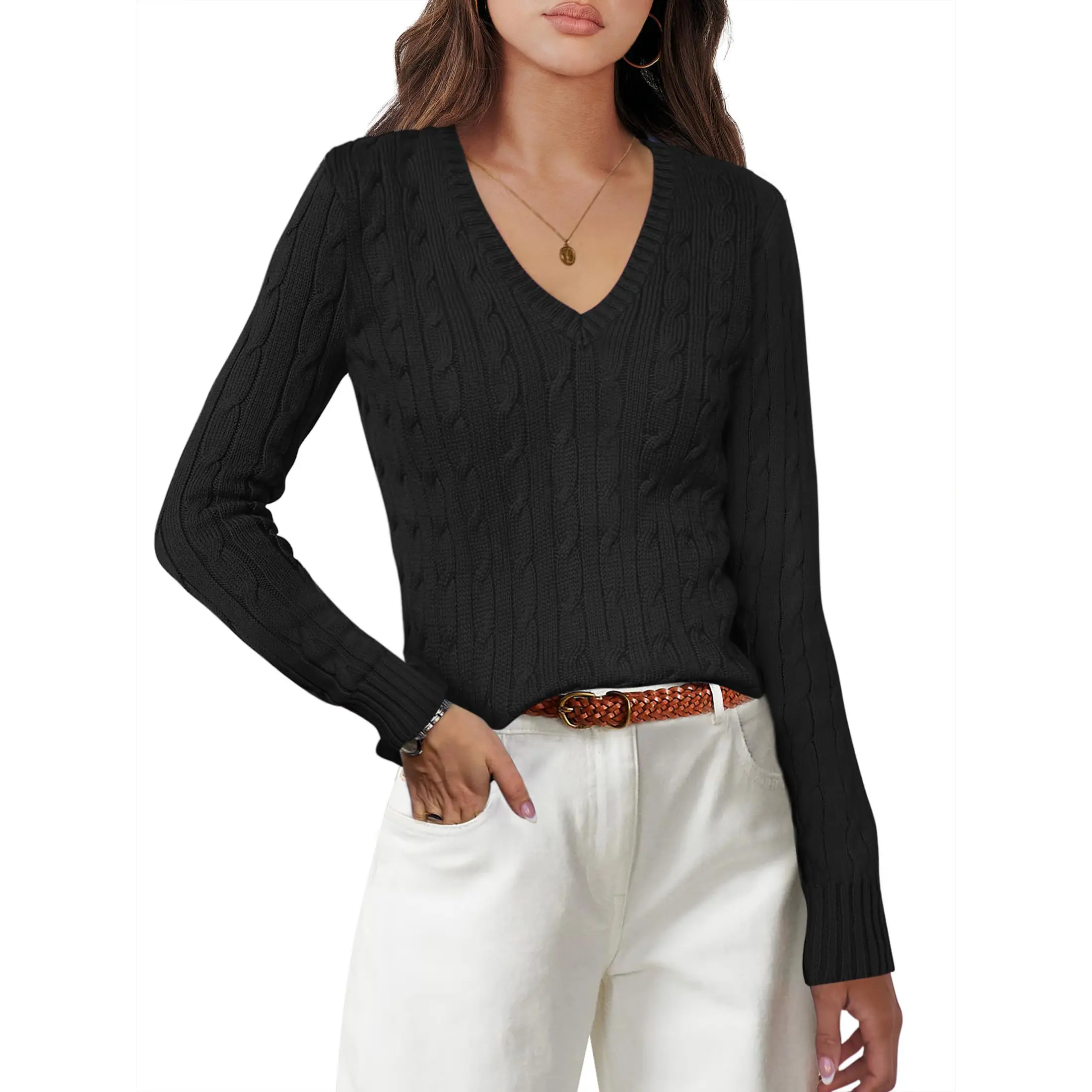 ANRABESS Women's Long Sleeve V Neck Cable Knit Sweater Jumper Fall Pullover Top Cute Soft Ladies Dressy Casual Outfits Cardigans Fashion