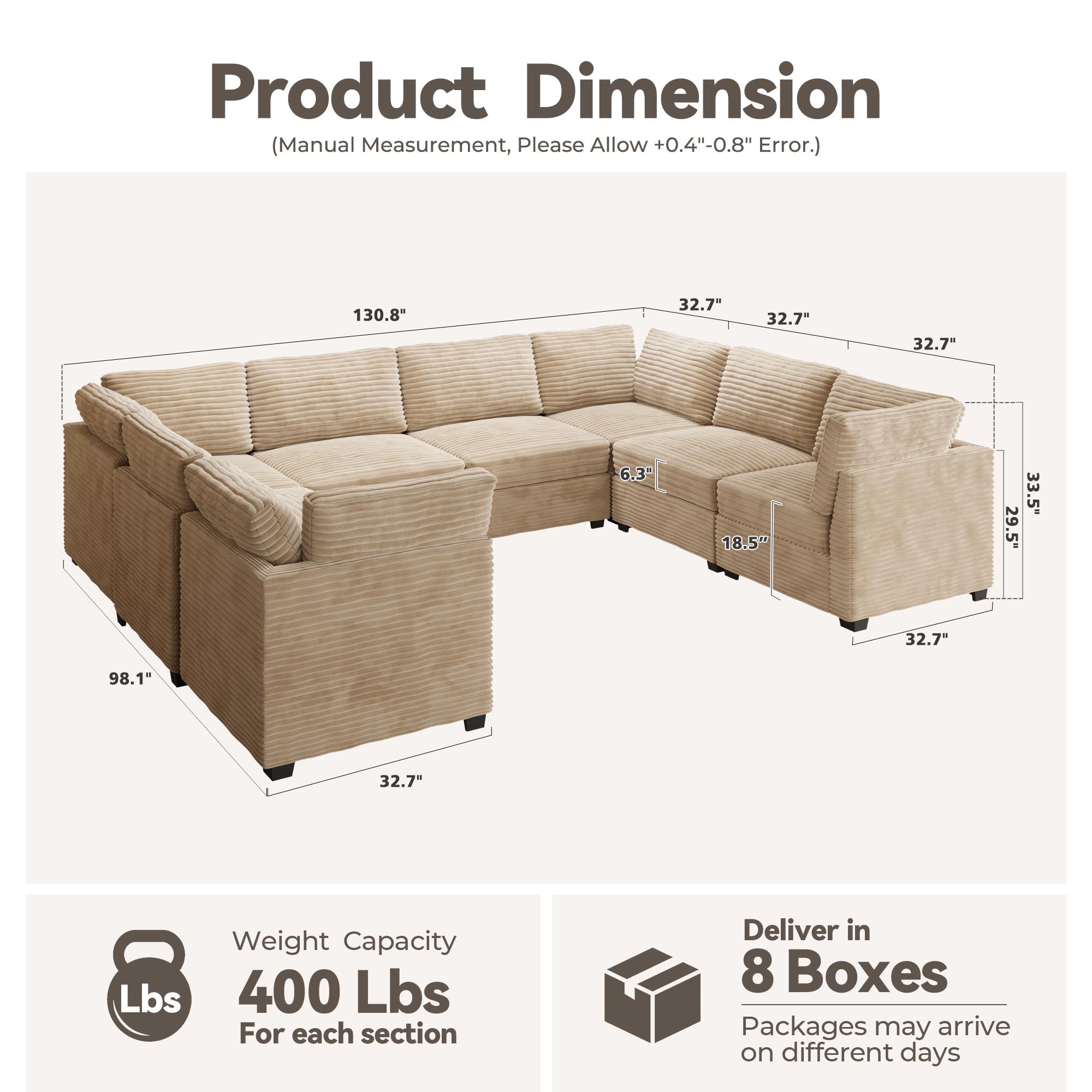 CAODOC Oversized U-Shaped Sectional Couch Sofa Living Room, Modern U-Shaped Convertible Sofabed Plush Corduroy Upholstered Sofa&Couch and Pillows,Free Combination