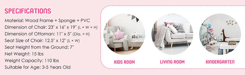 Costzon Kids Sofa, Children Princess Upholstered Couch Armrest Chair with Ottoman, PVC Leather & Embedded Crystal, Christmas Birthday Gifts