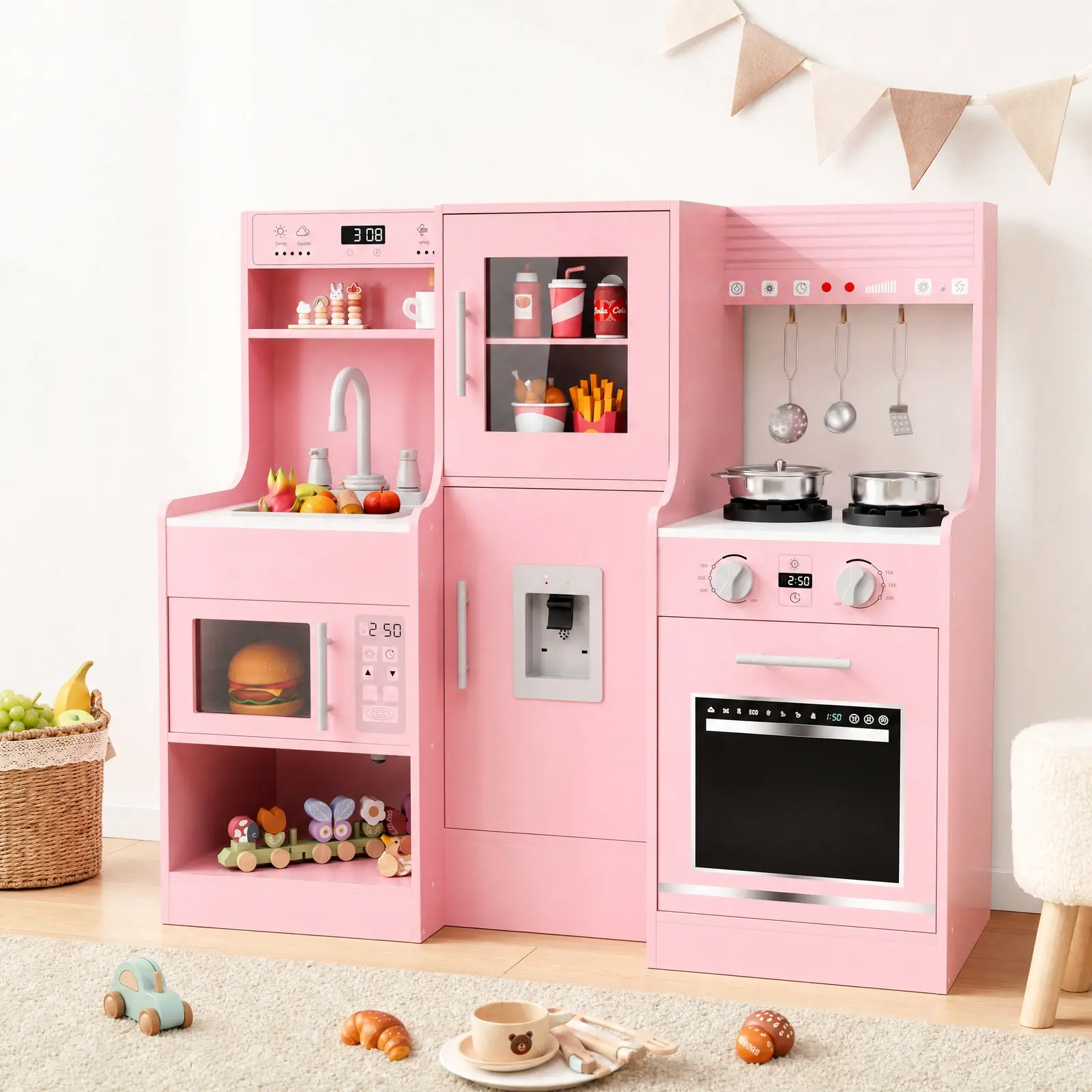 MAMIZO Unisex Wooden Kids Cooking Playset - Toddler Pretend Play Toys with Realistic Lights & Sounds, Water Dispenser, 6 Kitchenware, Microwave, Sink, Stove - Educational Gift for Ages 3+