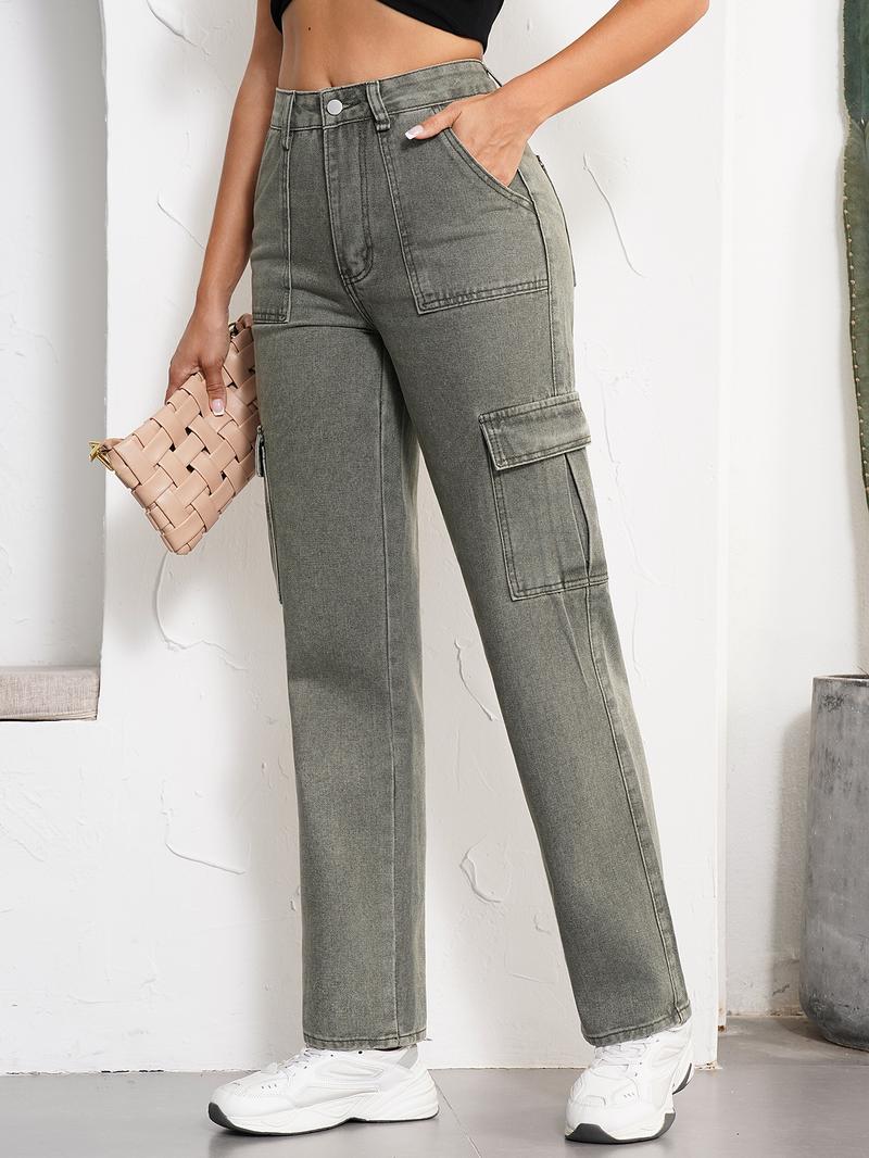 Women's High Waist Cargo Jeans Flap Pocket Wide Leg Denim Pants