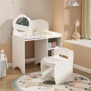 Kids Vanity Table with Mirror & Chair Set - Montessori Study & Play Desk for Girls & Boys (White)