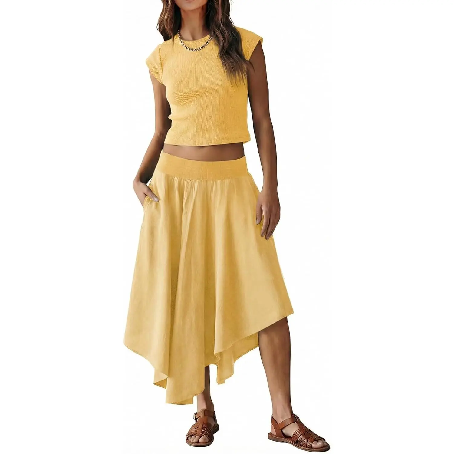TANKANEO Women's 2-Piece Breathable Soft Fabric Skirt Set - Ribbed Cap Sleeve Crop Top, Matching A-Line Midi Skirt with Pockets that Drapes Beautifully, Spring Casual Beach Vacation Outfit