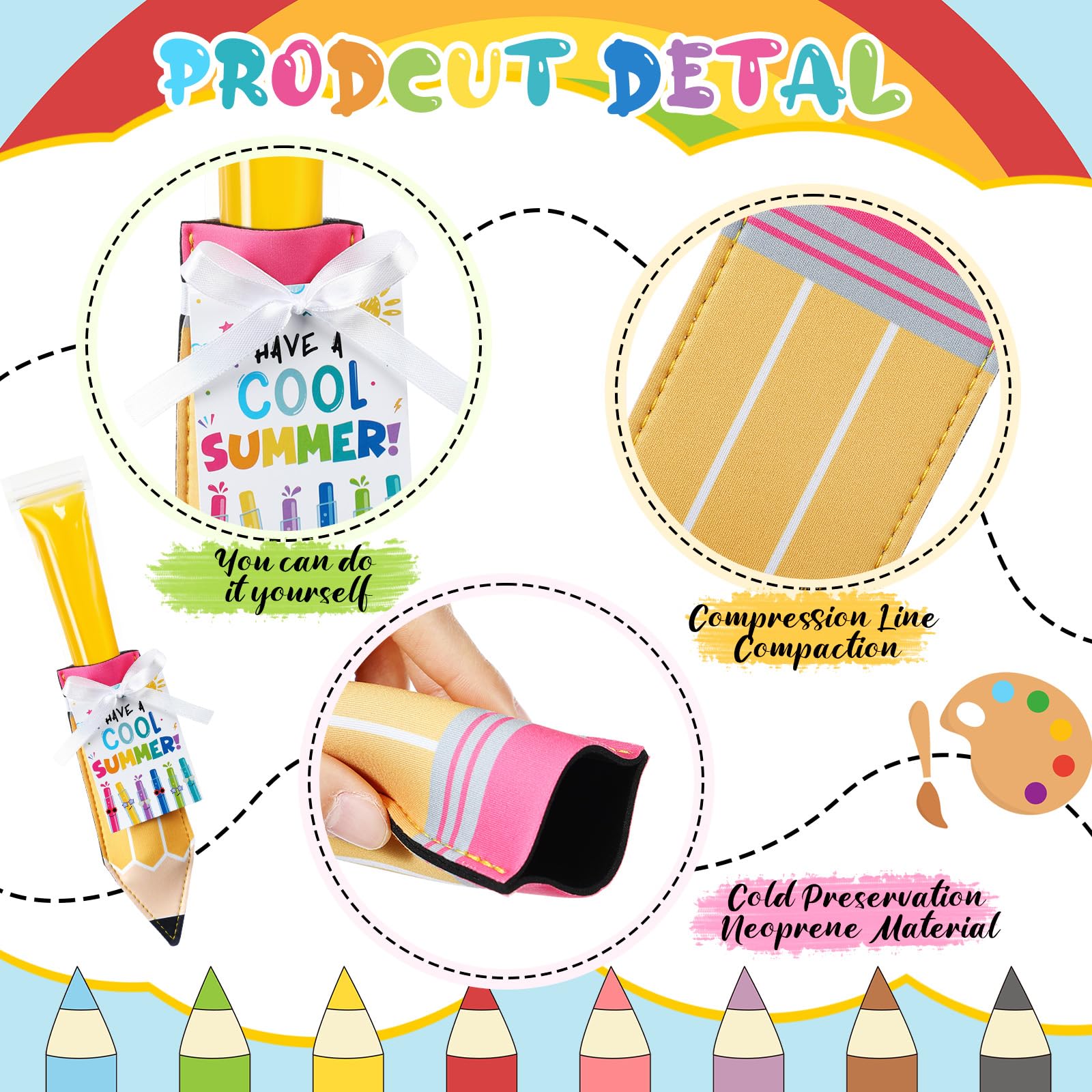 24/30 Pack End of School Year Gifts Reusable Ice Pop Sleeves with Gift Cards & Ribbon, Multicolor Washable Neoprene Popsicle Holders for Students, Classroom Prizes, Summer Favors