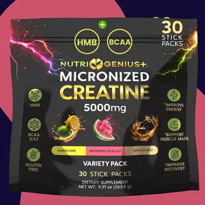 Nutri Genius Plus Monohydrate Creatine Monohydrate 5g Stick Packs | BCAA 2:1:1 + HMB | 30 Servings Variety Pack | Pre Post Workout Powder for Muscle Energy & Recovery