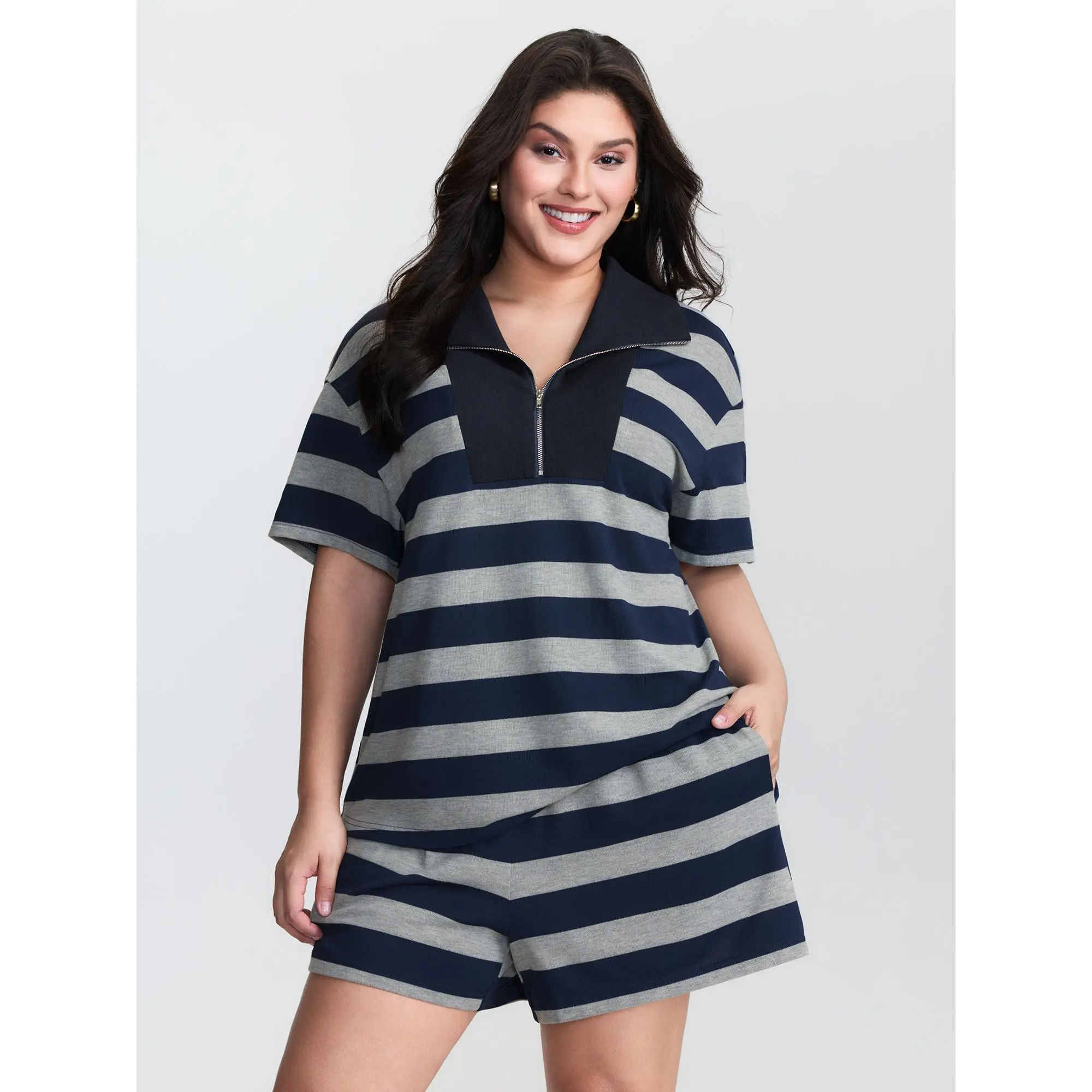 BLOOMCHIC Women's Monochrome Striped Lapel Collar Spandex 2-Piece Loungewear Set with Pocket - Fit Womenswear,Summerfinds