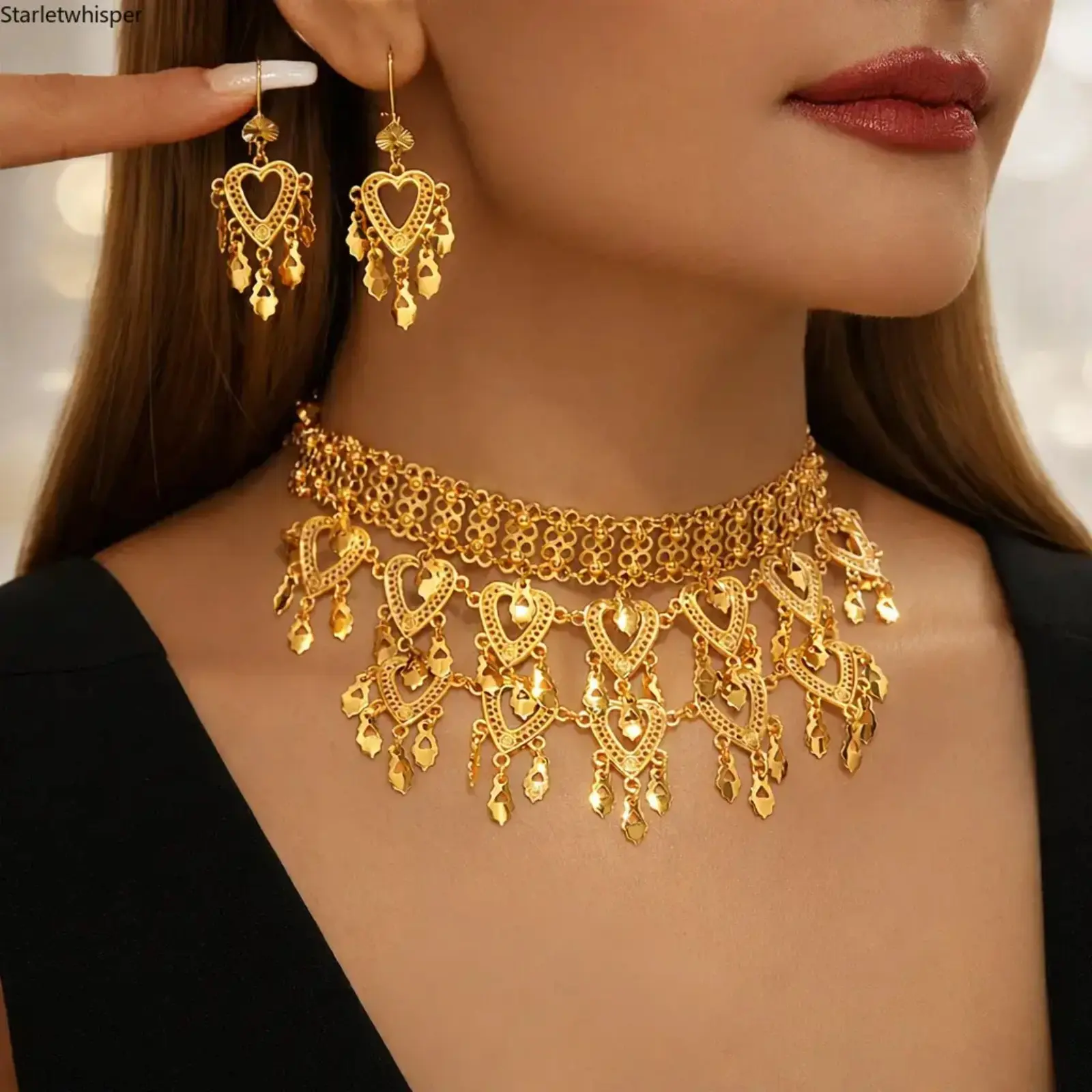 Women's Vintage Heart Filigree 2-Piece Choker Necklace-Earring Set, Gold Tassel Motion Statement Jewelry for Wedding, Dancewear, Party, Sports & Outdoor Accessories Gift