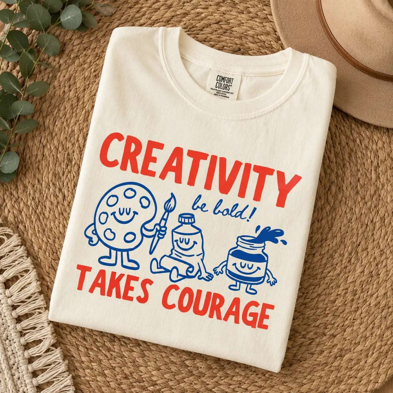 Comfort Colors “Creativity Takes Courage” Tee, Cute Retro Doodles Shirt, Bold Art Teacher Graphic Top.