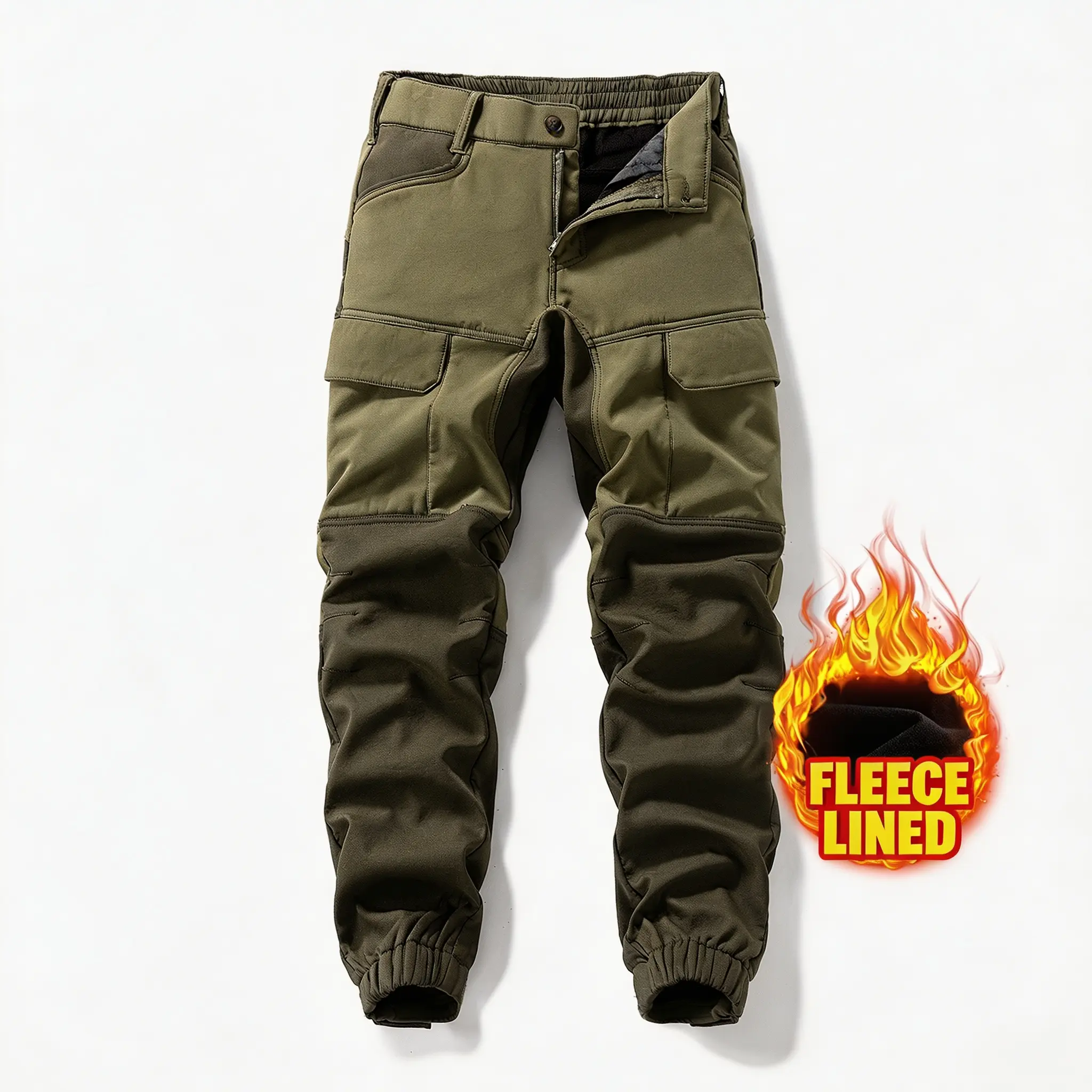Men's Fleece Lined Cargo Pants, Color Block Outdoor Work Hiking Trousers, Multi Pocket Elastic Waist Winter Warm Jogger Pants