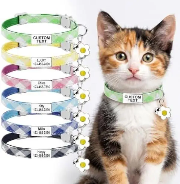 Personalized Plaid Cat Collar with Breakaway Buckle, Custom Engraved Name Tag & Flower Bell, Adjustable for Cats and Kittens