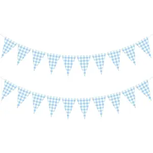 2 Pcs Gingham Banner Checkered Banner Triangle Bunting Decoration Double Sided Gingham Pennant Flags for Picnic Wedding Christmas Outdoor Birthday Party BBQ Decorations (Blue and White)