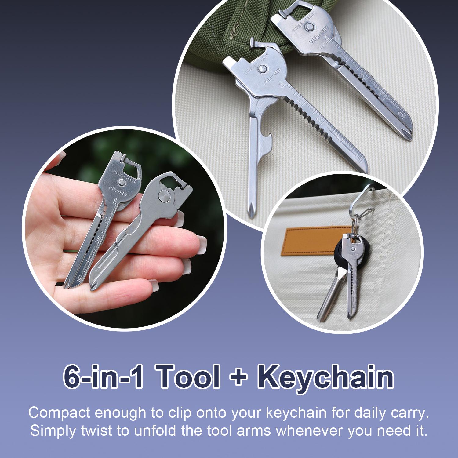 6-in-1 Multi Tool Keychain, Stainless Steel Pocket Key Tool with Flathead/Phillips Screwdriver, Bottle Opener, Mini Ruler, Rope Cutter & Metal Knife, Compact EDC Gear for Camping, Survival, DIY, Daily Use - Cool Gift for Men Dad Husband