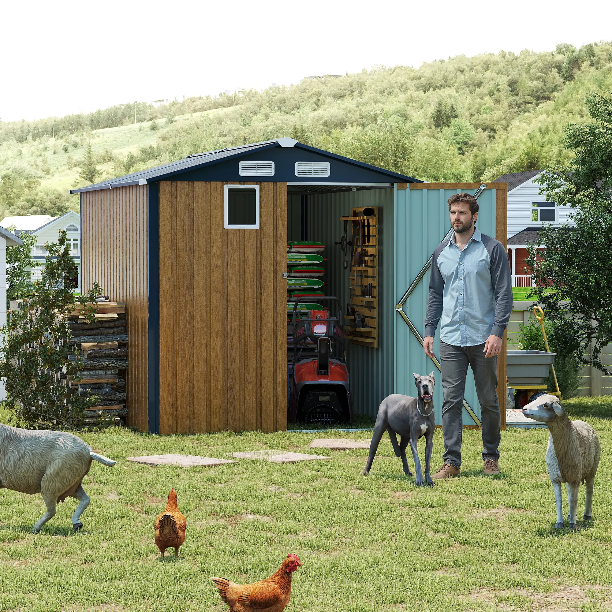 6x8 FT Outdoor Metal Storage Shed with Clear Window & Lockable Doors – Heavy-Duty Steel Tool Shed for Garden, Patio, Backyard, and Bike Storage