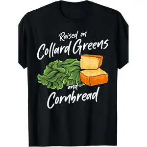 Southern Food Pattern Cotton T shirt Featuring Men and Women Kale and Cornbread Designs Perfect for Casual Wear Barbecue and Picnic
