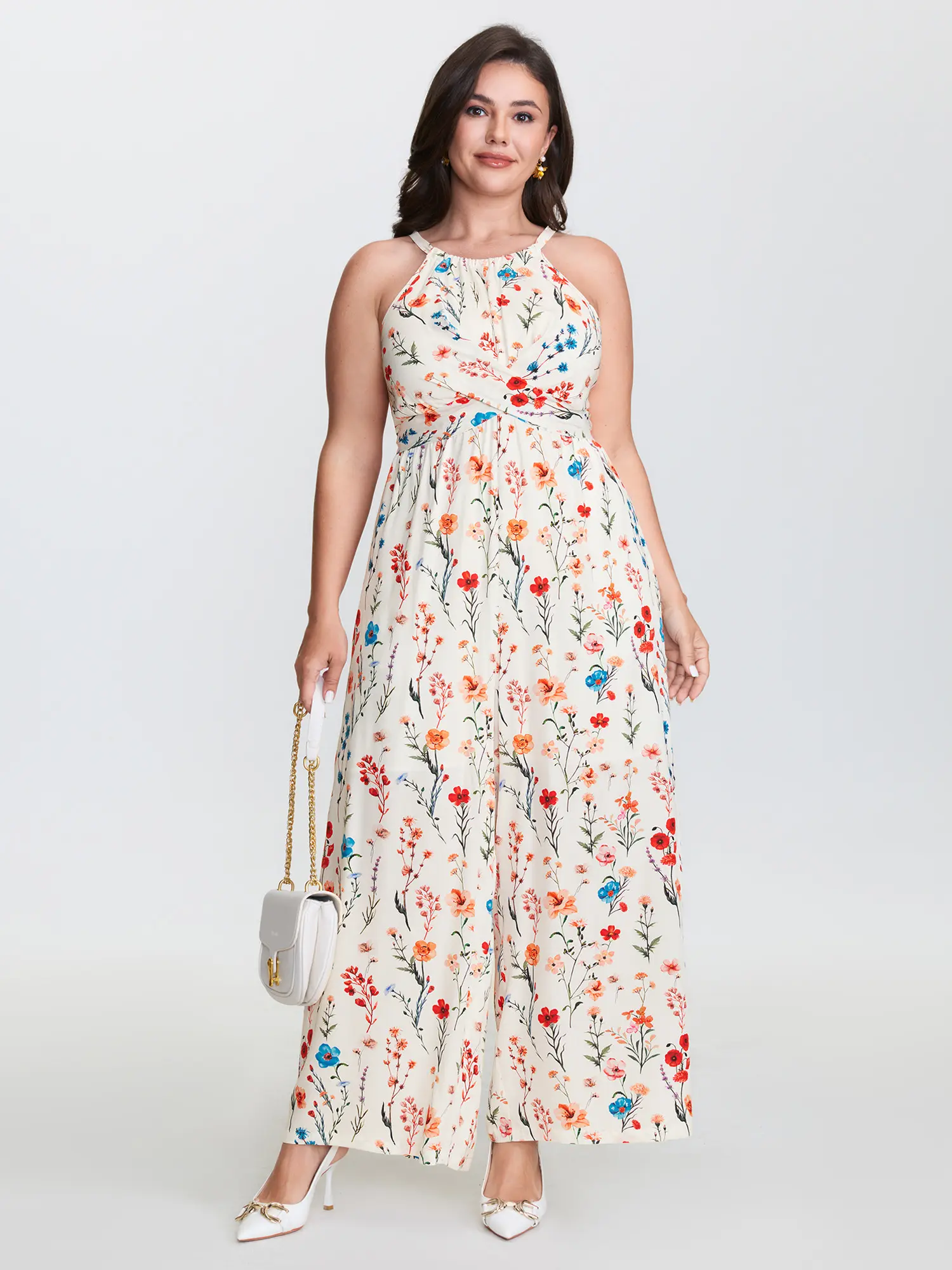 BloomChic Women's Plus Size Ditsy Floral Rayon Halter Jumpsuit - Sleeveless, Maxi Length, Knotted Waist, Pockets, Smooth Fit, No-Belt, Casual, Cold Wash, Do Not Tumble Dry, Low Iron, Sizes 14-16/1X, 18-20/2X, Wash With Like Colors