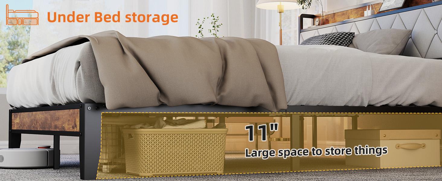 Bed Frame with Headboard,Spacious Underbed Storage,Integrated Charging Station,Durable Squeak-Free Frame,Simple No-Tool Assembly,Works with Full Mattress No Box Spring Required