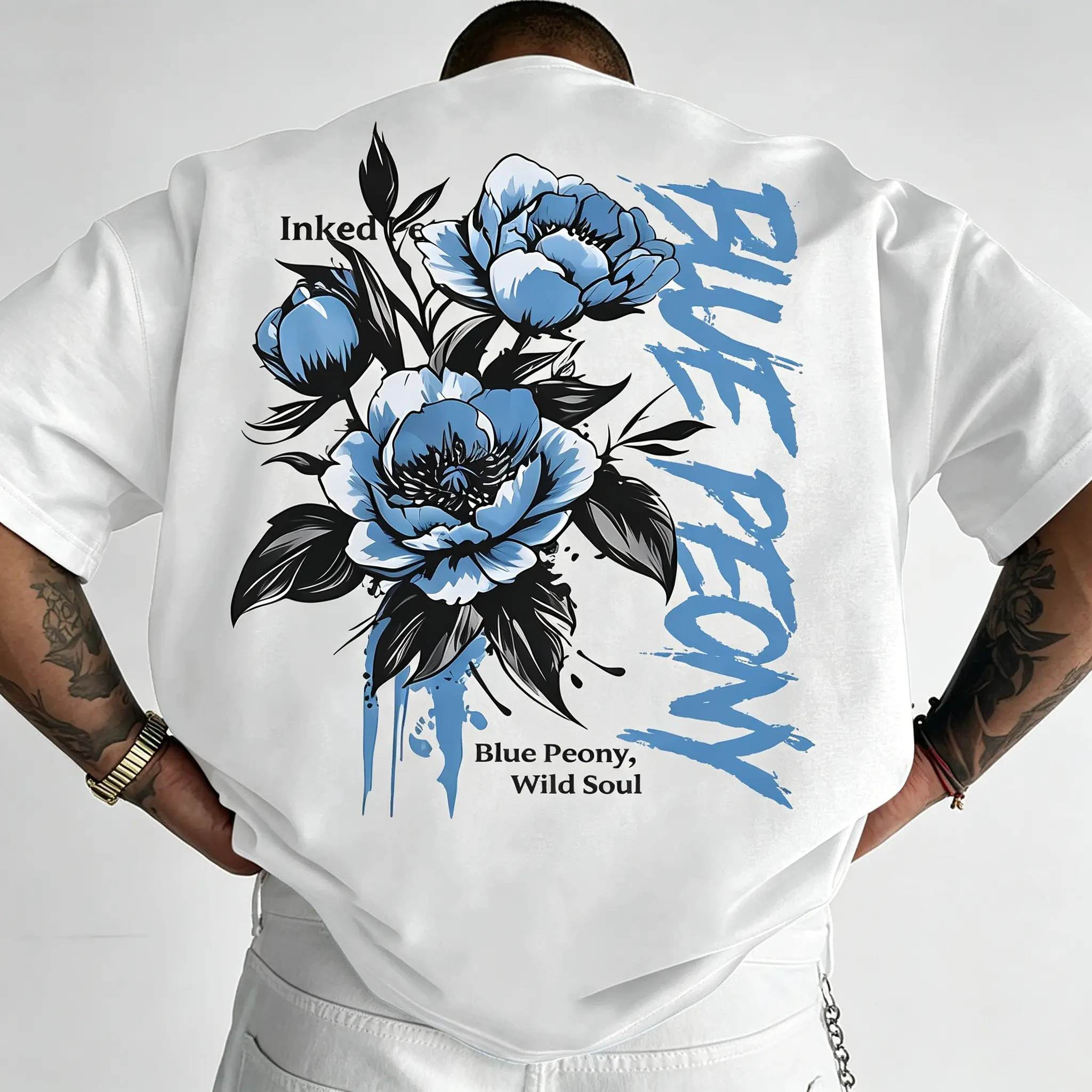 [Men's T-Shirt] New Men's T-Shirt, American Street Style Blue Peony Print T-Shirt