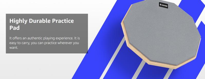 Donner Drum Practice Pad 8 Inches, Silent Practice Drum Pad 2-Sided With Drum Sticks - Gray/Blue