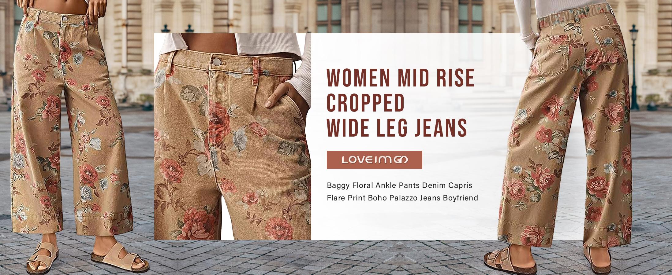 Chouyatou women's mid-rise floral print cropped jeans bohemian loose wide-leg jeans SpringStatements Chouyatou women's mid-rise floral print cropped jeans bohemian loose wide-leg jeans SpringStatements