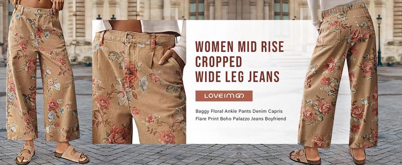 Chouyatou women's mid-rise floral print cropped jeans bohemian loose wide-leg jeans