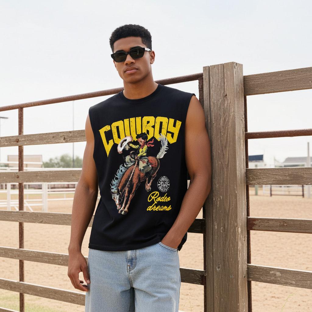 Sopula Studio Men's Cowboy Rodeo Dreams Print Graphic Tank Top Sleeveless Casual Crewneck Workout Tanktop Horse SpringStatements