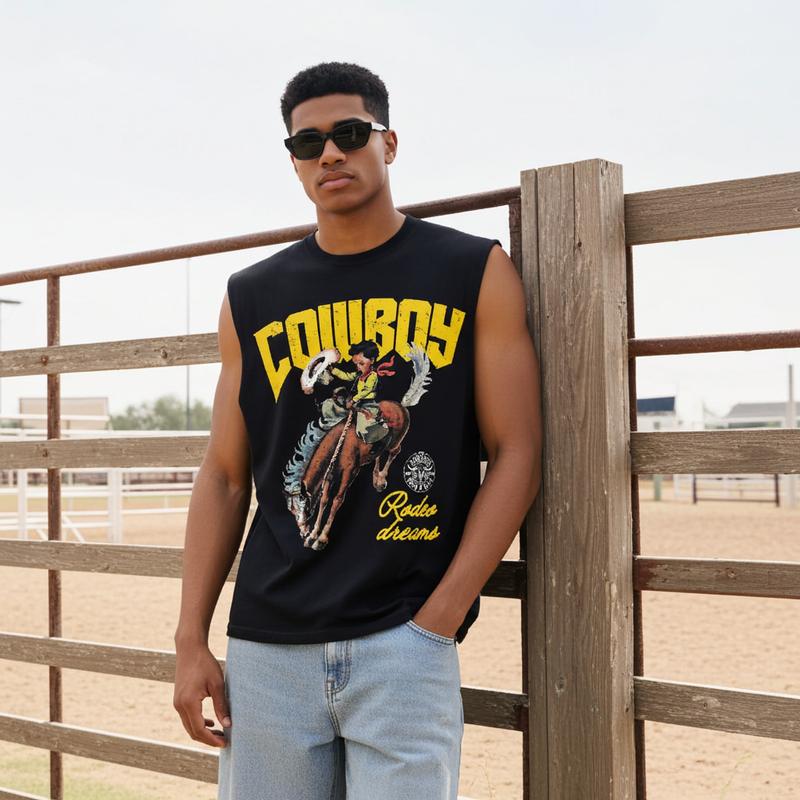 Sopula Studio Men's Cowboy Rodeo Dreams Print Graphic Tank Top Sleeveless Casual Crewneck Workout Tanktop Horse