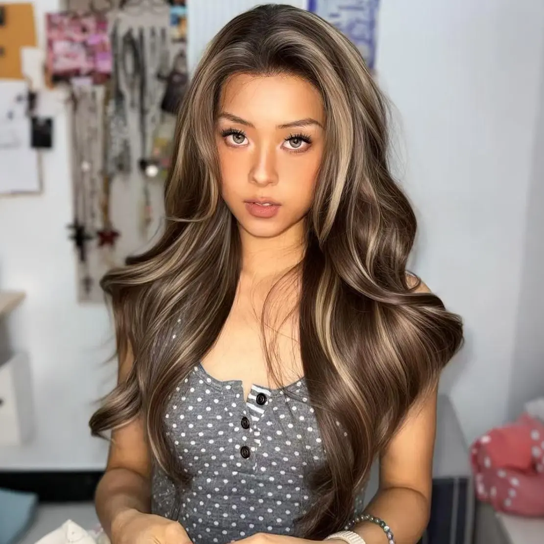 SMILCO 26Inch Brown Highlight Low Density Pre Cut 13x6 Free Part Long Wavy Layer Cutted Glueless Natural Hairline Synthetic Lace Front Wig SM9122B