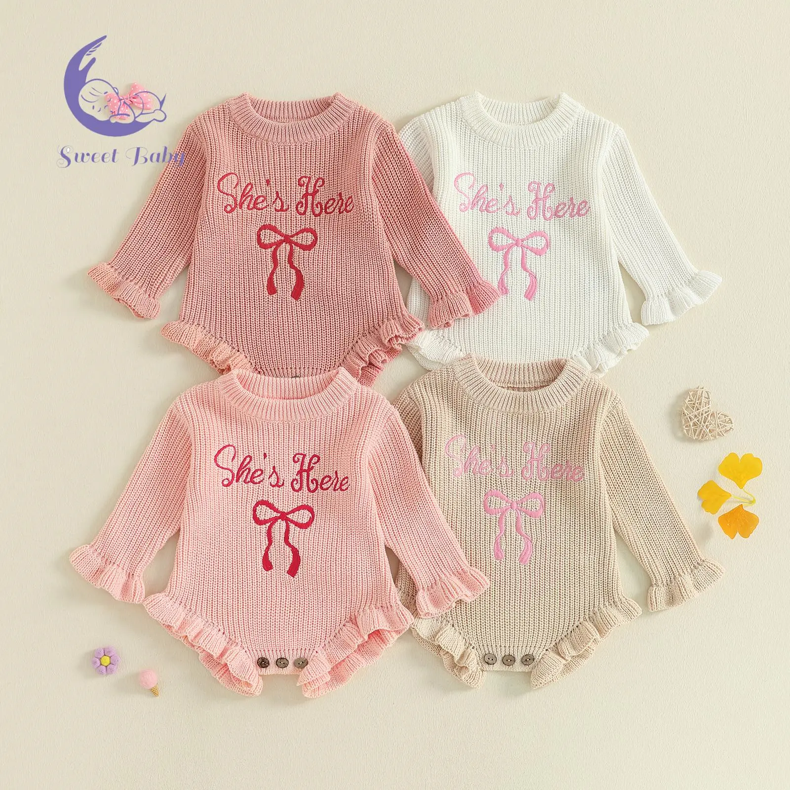 Baby Girls Knit Bodysuit Outfit - Long Sleeve Crew Neck Cotton Blend Embroidered Bow Letter Sweater Romper, Newborn Onesie for Casual Wear, Baby Clothes Girl