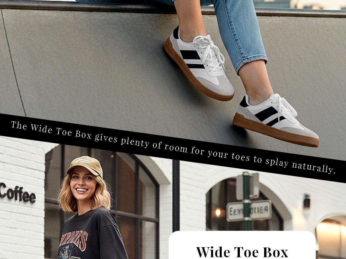 Women’s wide toe box barefoot zero-drop fashion sneakers made from vegan leather, minimalist walking shoes