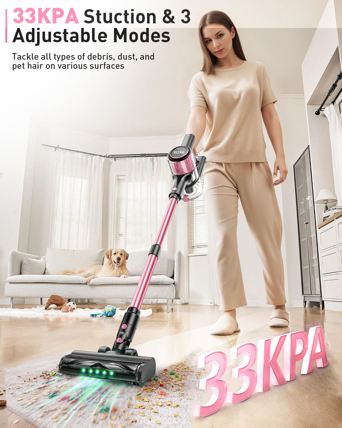 VICEASE Cordless Vacuum Cleaner, 450W 33Kpa, LED Display, Green LED, Anti-Tangle & 1.5L Dust Cup, Gift Box, 8-in-1 Vacuum for Hardwood Floor/Carpet/Pet Hair/Car/Gift