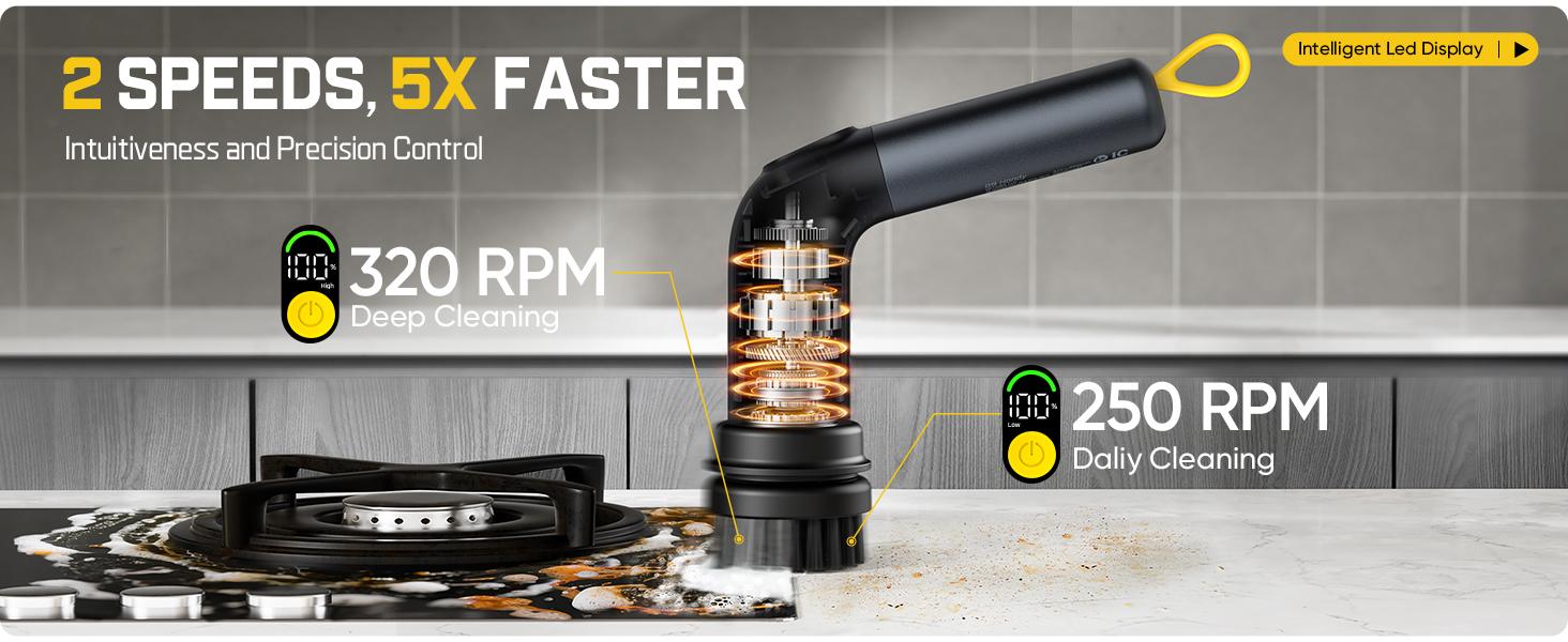 Fanttik G9 Handy Cordless Electric Spin Scrubber, MagnaStorm Motor, Dual-Speed, 5 Brush Heads, LED Display, IPX7 Waterproof, 2500mAh with Type-C Charging, for Kitchen, Sink, Tile, Stove Cleaning Tool