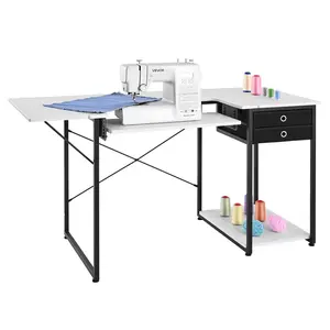 VEVOR Sewing Table, Multipurpose Sewing Machine Table with Drawers, Foldable Side Shelf, Adjustable Shelf, Steel Legs, Computer Desk for Home, Fashion Studio, Art Studio, Educational Institution