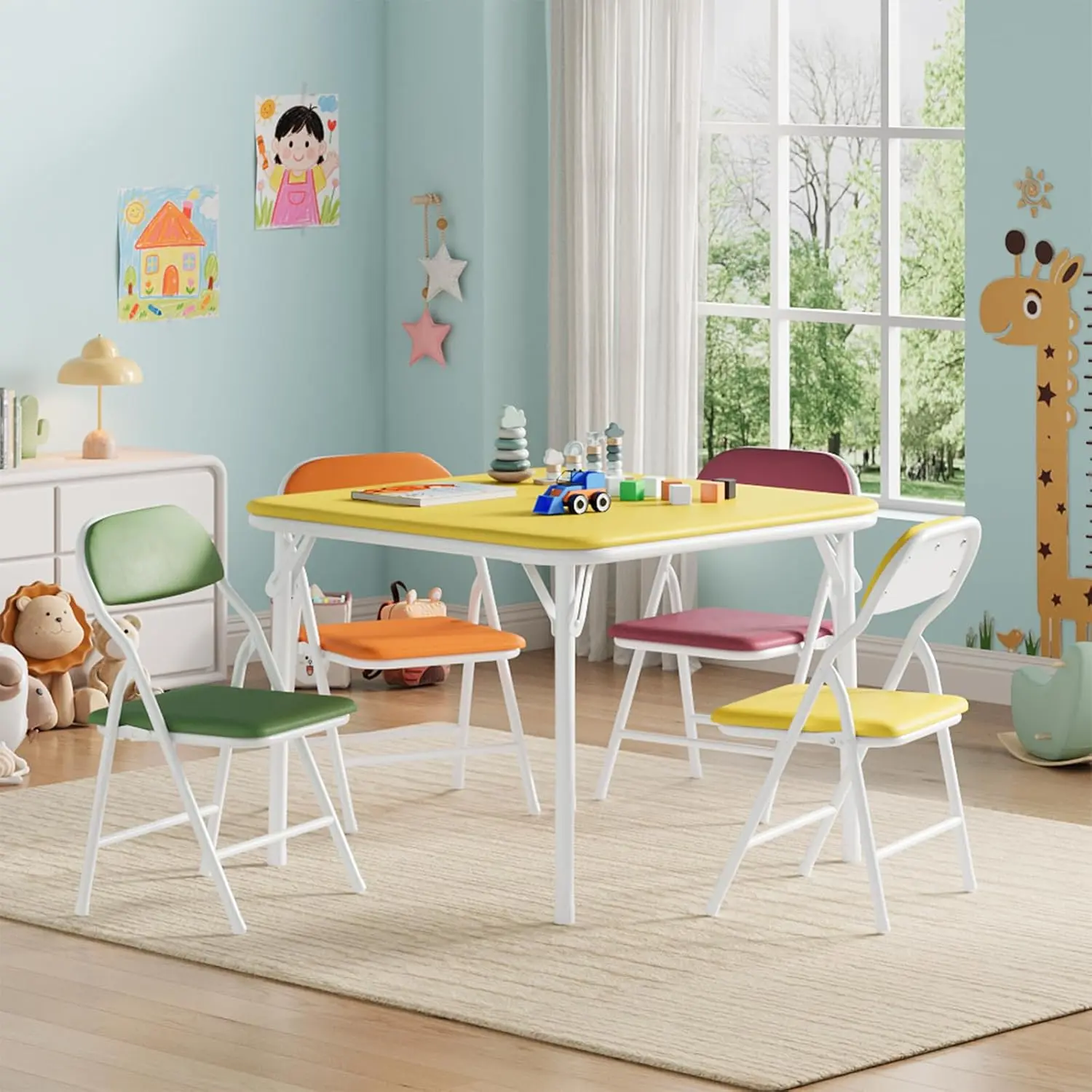 Kids 5-Piece Foldable Table & Chair Set - PU Leather, Metal Frame, Anti-Pinch Folding Joints, Round Corners, Easy to Clean, Portable, Beige 1+2/Black 1+2, Ideal for Home, Dining Room, Crafts