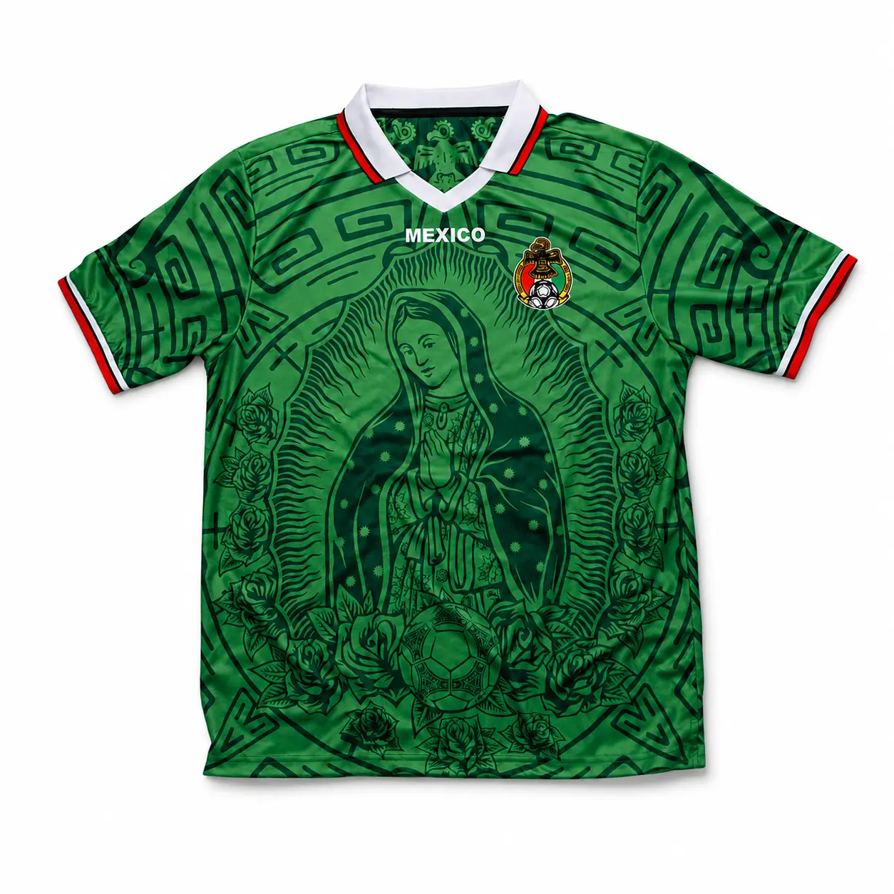Mexico Inspired Soccer Jersey, Virgin of Guadalupe Graphic Football Shirt, Green Black Fan Jersey, Mexican Heritage Sports Top