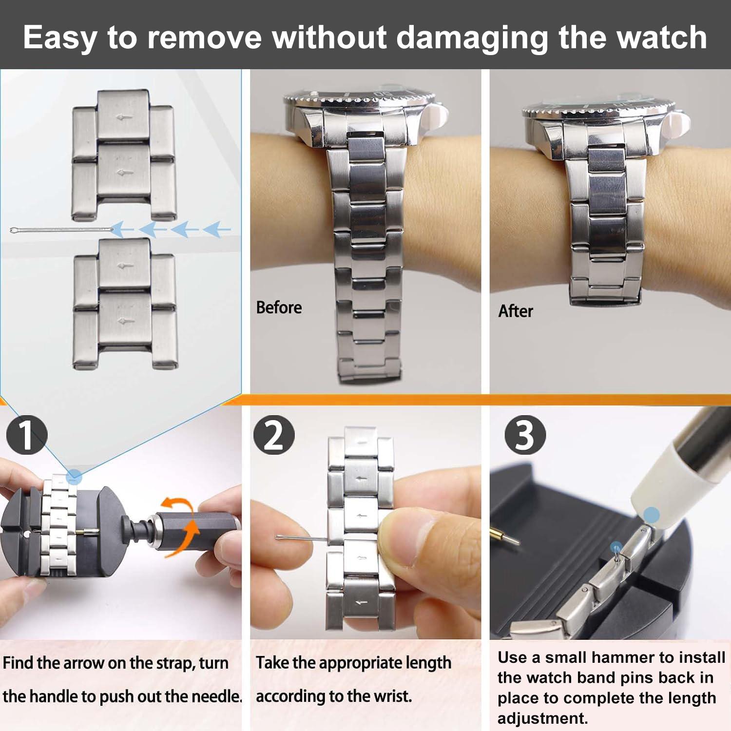 Watch Link Removal Kit, Watch Band Adjustment Sizing Tool Set with Watch Hammer, Spring Bar & Extra Pins Replacement for Watch Strap Repair