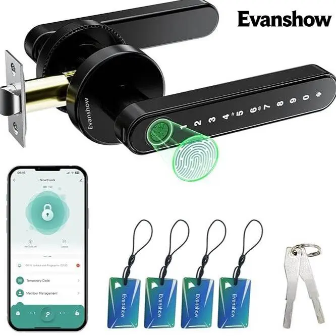 Evanshow Fingerprint Door Lock Biometric Door Knob with Keypad Keyless Entry, Door Locks for Bedrooms, Home Hotel Office Apartment Black anti-peeping password smart fast sensor handle exterior touchscreen digital Privacy Door Knobs