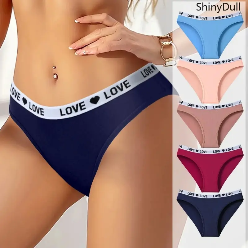 Women's Cotton Underwear Basics, 5-Pack Low-Waist High Panty with Letter Print Strap Waistband, Soft Breathable Everyday Underwear for Women, Mixed Color - 5 Pcs, Briefs, Five Pack
