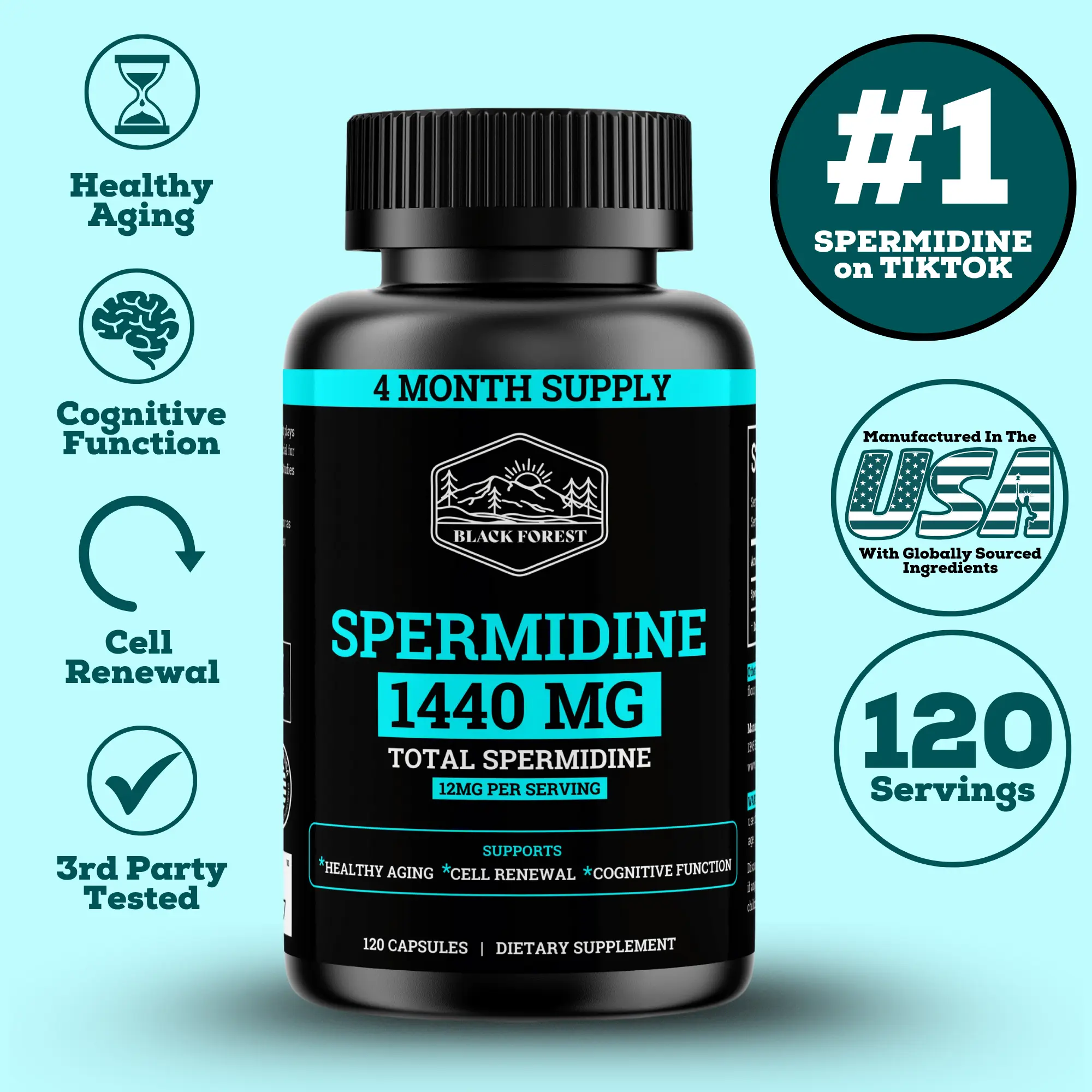 Antioxidant Rich Black Forest Spermidine 1440MG, 120 Capsules 12mg Per Serving 4 Month Supply for Energy Production & Cognitive Function Cellular Renewal Mitochondrial Renewal