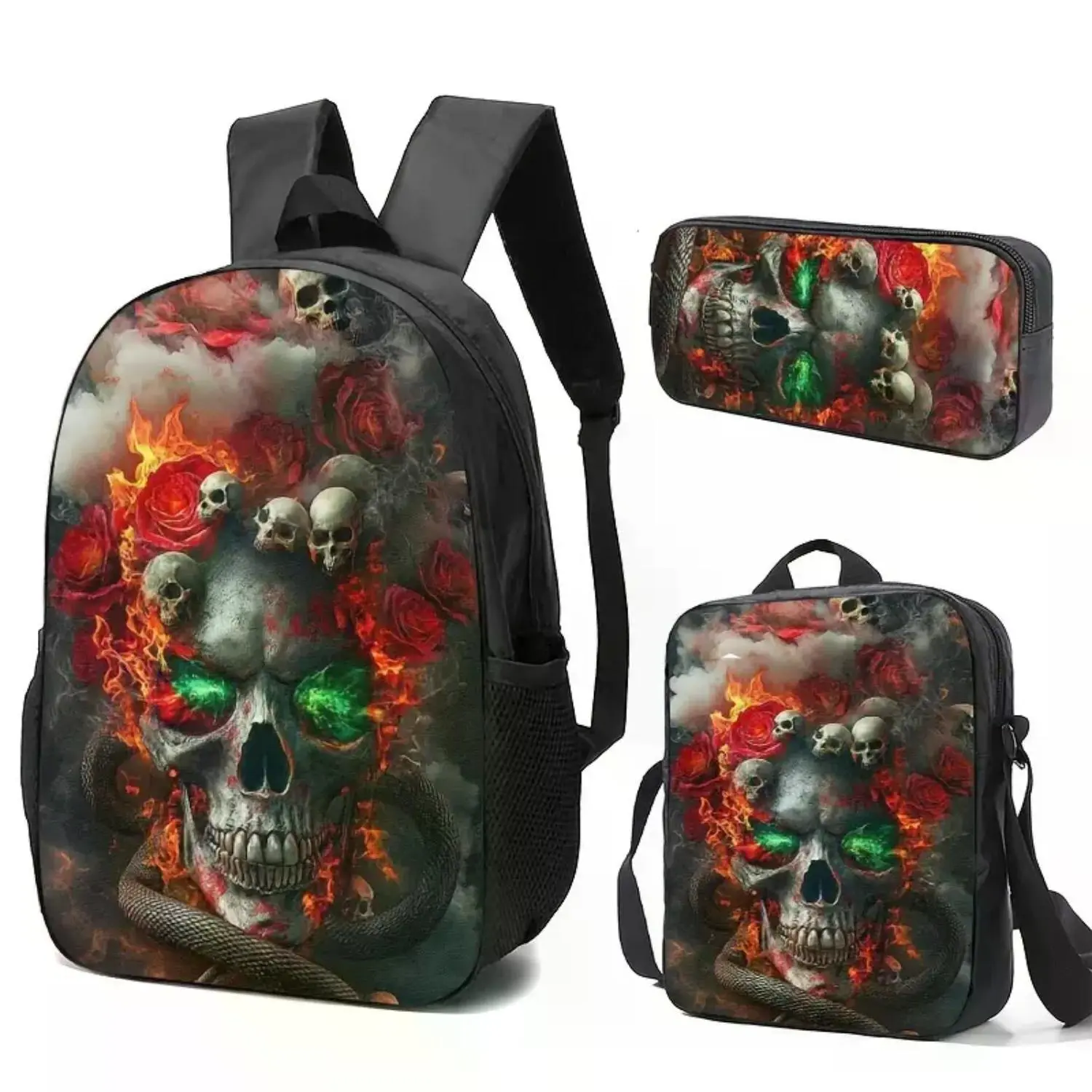 Gothic Skull Backpack Set: 3PCS Black Red Rose Snake Horror School Bag with Lunch Bag & Pencil Case, Halloween Style Daypack, Cool Skeleton Graphic for Teens & Adults, Perfect Back to School Gift
