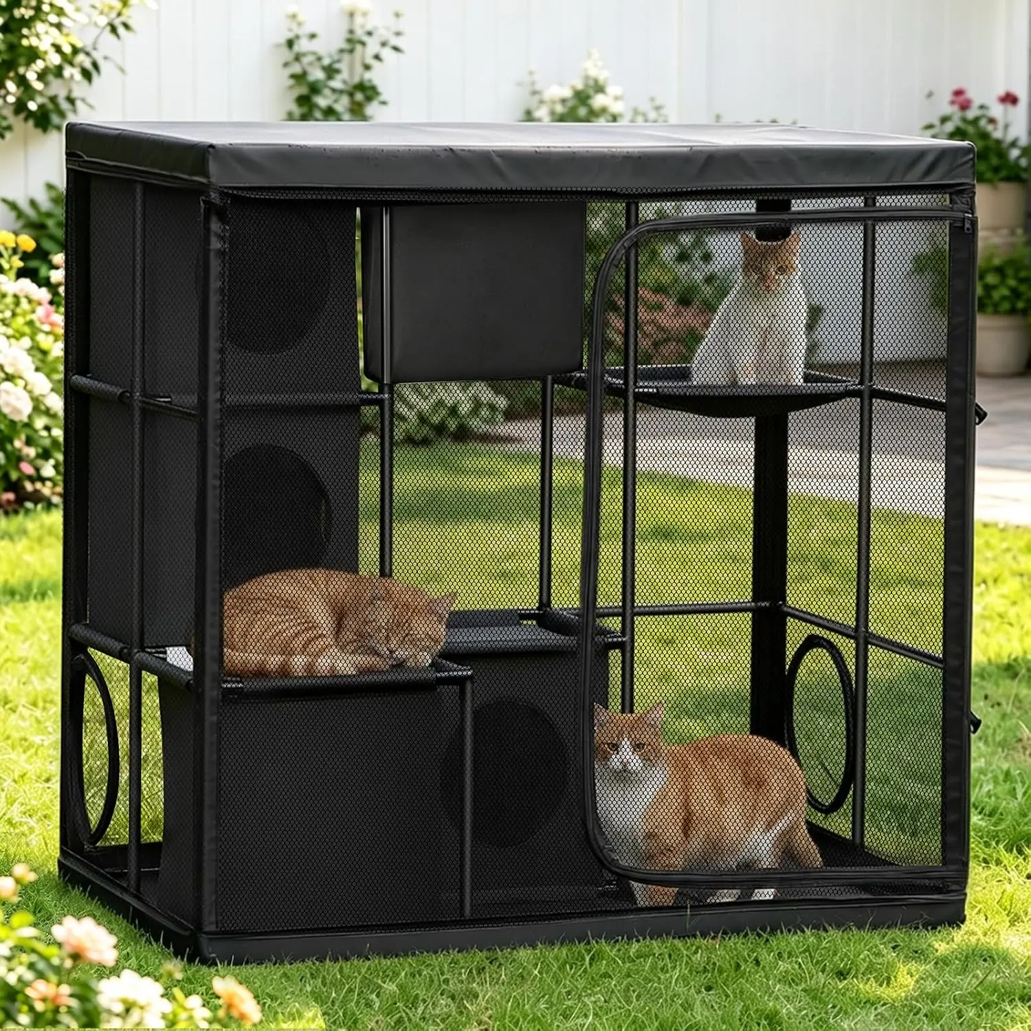 Modular Extra Large Weatherproof Outdoor Catio Enclosure - Heavy-Duty Escape-Proof Cat House with 2 Platforms, 4 Resting Boxes, Outdoor Safe, Space Saver, Tear Resistant Oxford Fabric for Patio, Backyard Multiple Cats