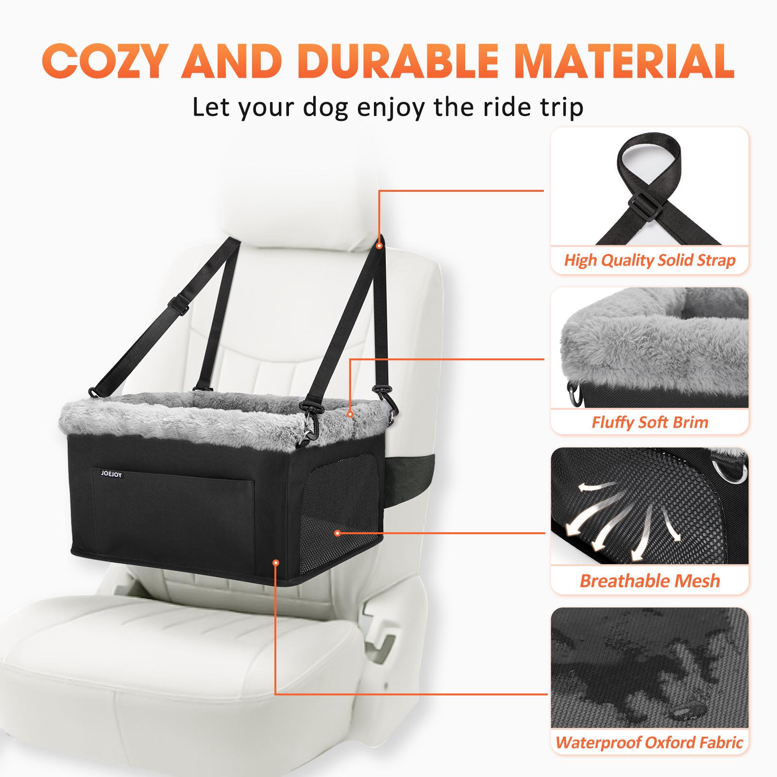Premium Small Dog Car Booster Seat - Stable Metal Frame, Safety Tether for Pets Up to 20 lbs, Portable, Plush Machine-Wash Fabric Cushion, Solid Durability, Storage Pockets, S, Adjustable Safety Leash