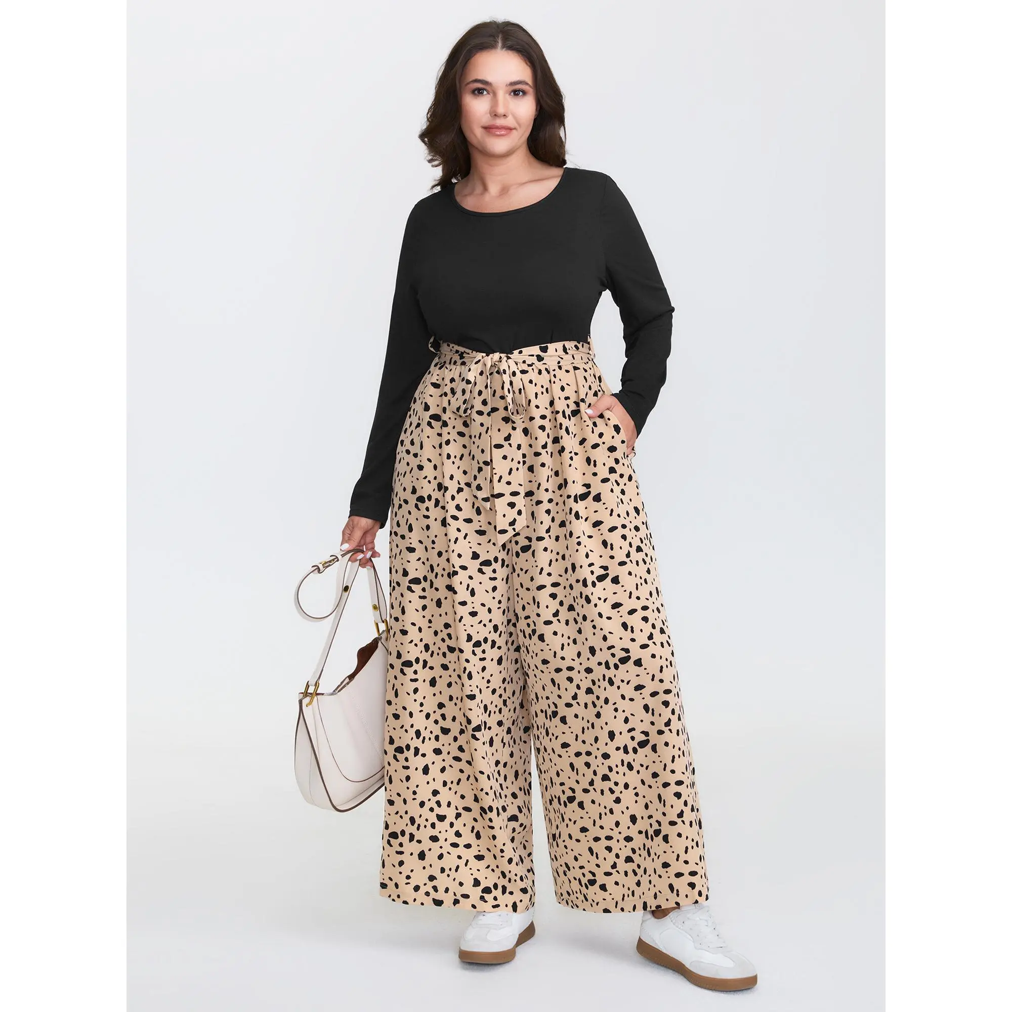 BloomChic Plus Size Long Sleeve Jumpsuit, Casual Colorblock Animal Print with Tie-Waist and Side Pocket, Backless, Plus Size Overalls, Garment, Fit, Fabric, Belted, Cold Wash, Round, Polyester, Multicolor