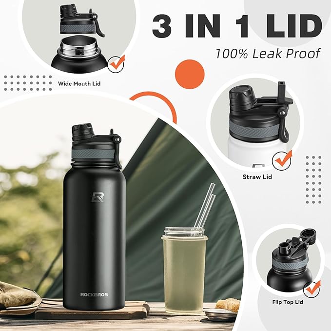 ROCKBROS Insulated Water Bottle with Straw, Stainless Steel Sports Water Cup Flask Leak Proof with Handle Keep Warm and Cold for Hiking, Cycling, Bike Travel, School Sports, Gym ROCKBROS Insulated Water Bottle with Straw, Stainless Steel Sports Water Cup Flask Leak Proof with Handle Keep Warm and Cold for Hiking, Cycling, Bike Travel, School Sports, Gym
