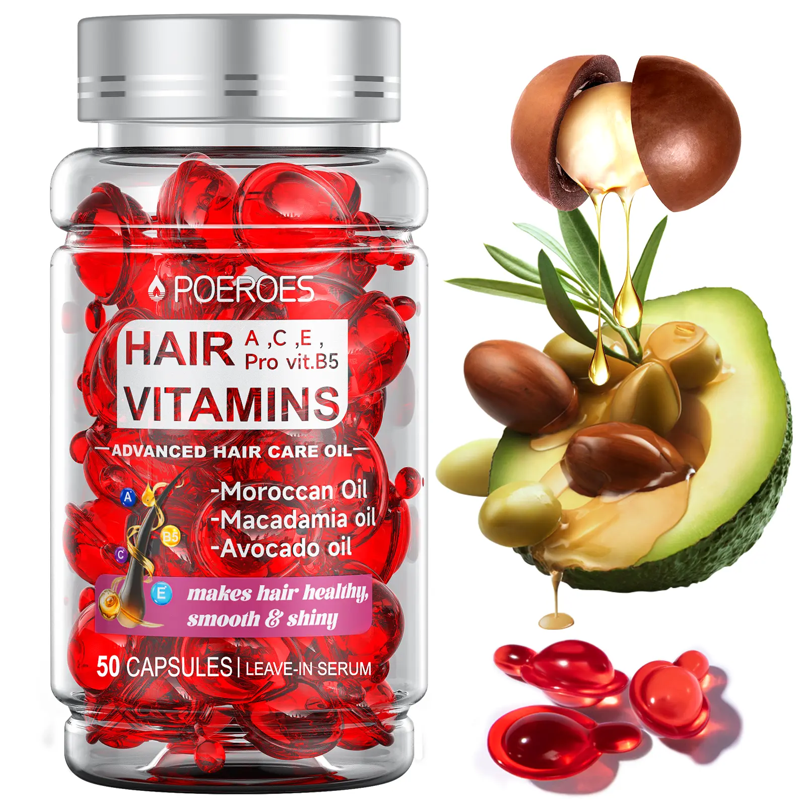 POEROES  50 Capsules Hair Oil With Argan Avocado & Moroccan  Oil - Hair Vitamins A C E Pro B5 - Hair Serum for Frizzy and Damaged Hair ， Leave In Conditioner ，Conditioner for Women & Men ， Haircare Shampoo Comfort Cleansing