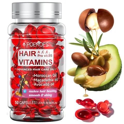 POEROES 50-Capsules Nourishing Hair Oil Capsules - Argan+Avocado Nourish Formula with Moroccan Extract, Vitamins A,C,E,Pro B5 - Anti-Frizz Shine Leave-In Conditioner for Damaged Hair (Argan Oil Haircare Treatment)