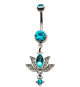 Lotus Flower Aqua Gem Belly Ring